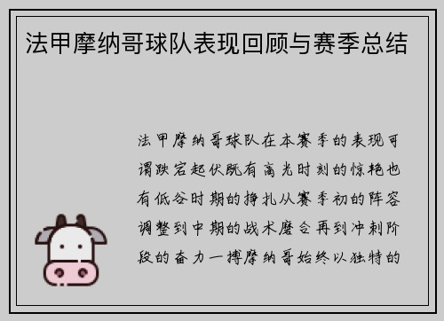 法甲摩纳哥球队表现回顾与赛季总结